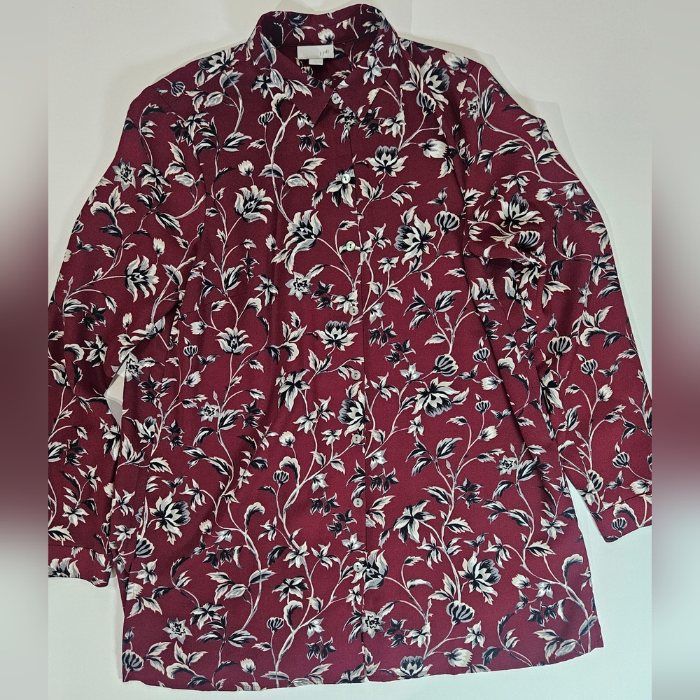 J. Jill Button Down Top Womens Small Burgundy Floral Cottagecore Chic Blouse